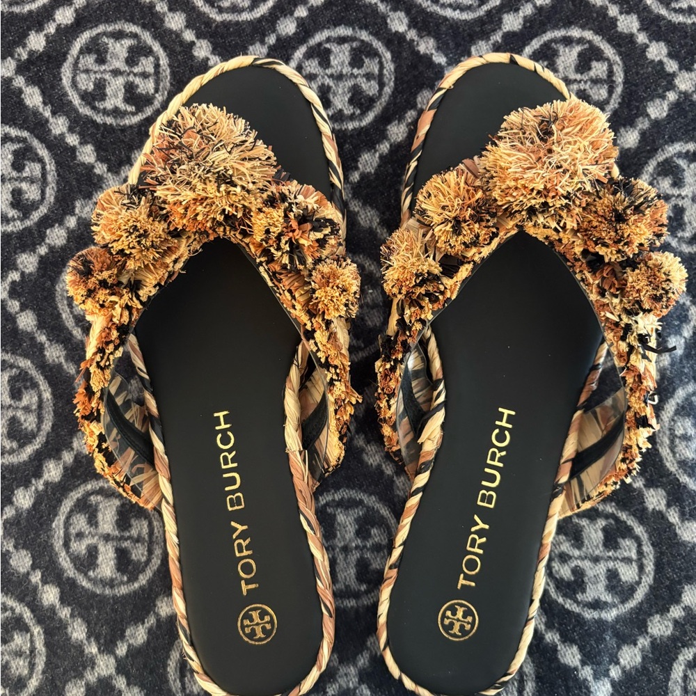 Tory Burch Black and Tan Pom-Pom Sandals